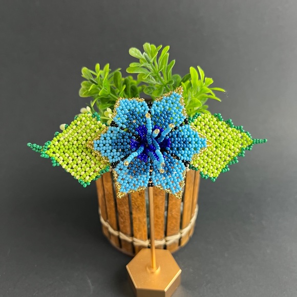 Large Blue Beaded Flower Hair Clip - Boho Chic Hair Accessories - Picture 3 of 5